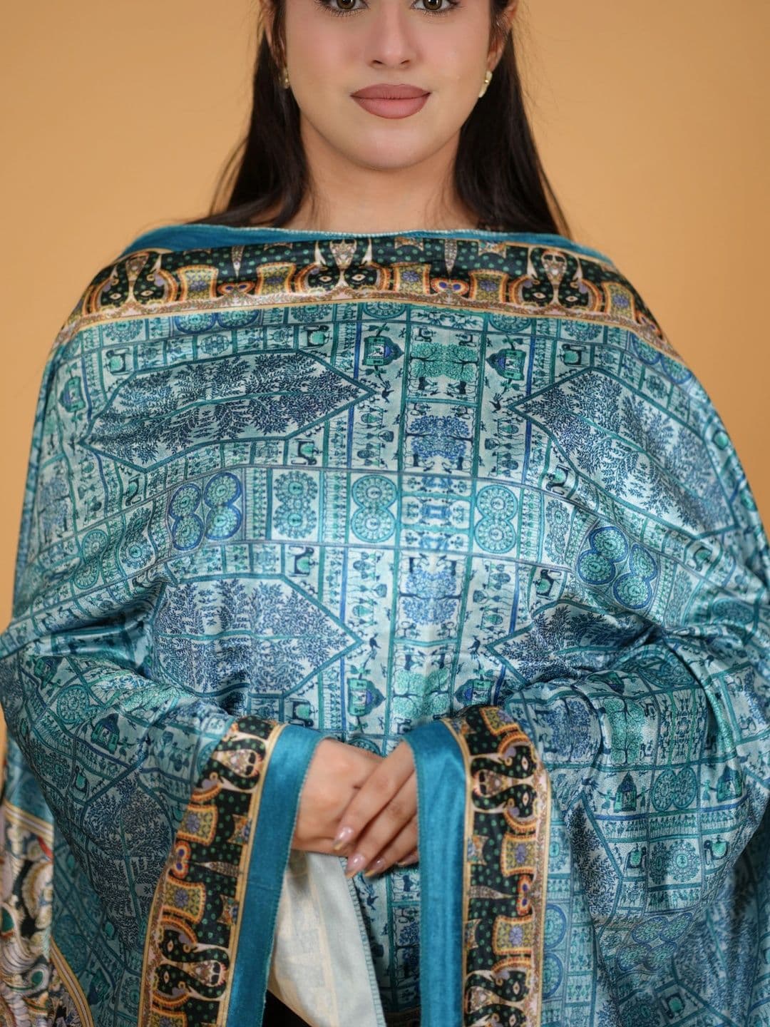 S.T. Women Ethnic Motifs Printed Velvet Shawl thumbnail 5