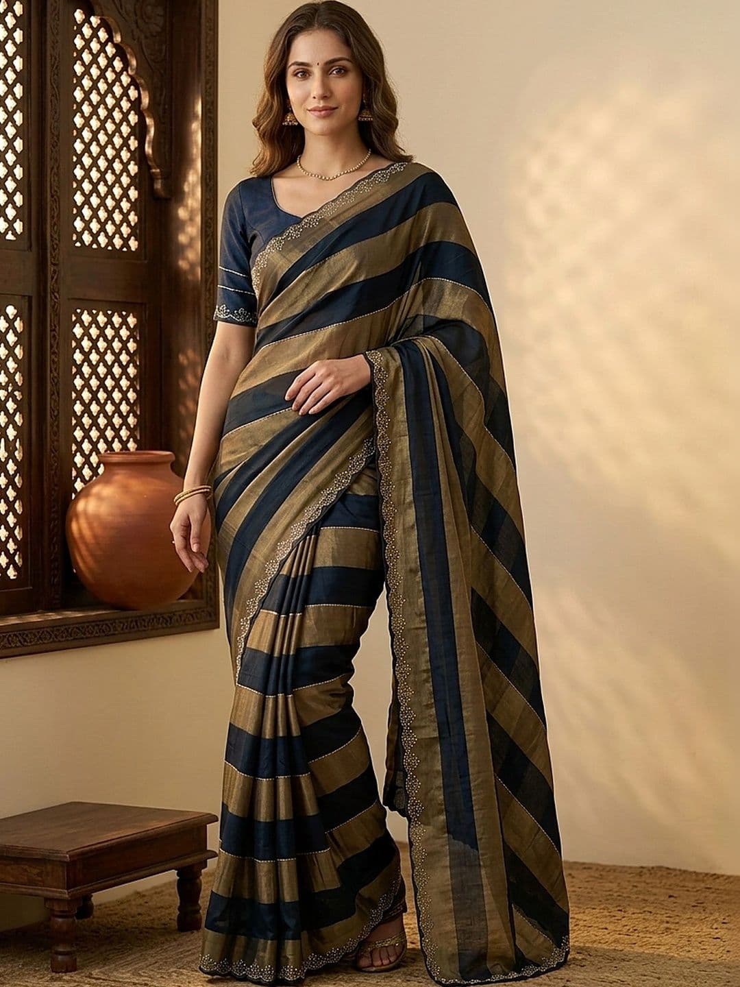 all about you Striped Embroidered Silk Blend Fusion Saree - view 1