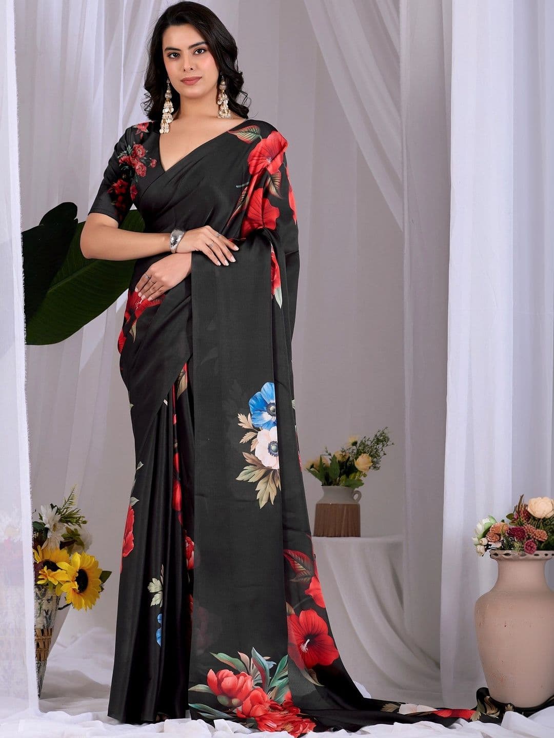 DIVASTRI Floral Satin Designer Saree - view 1