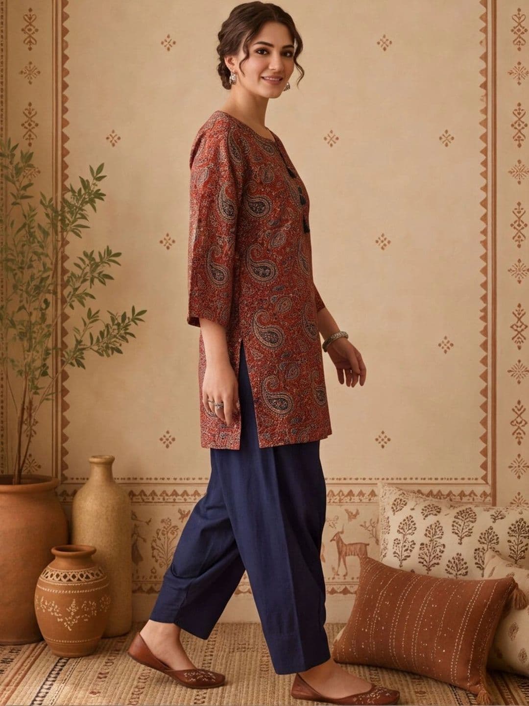Anouk Women Paisley Printed Regular Pure Cotton Kurta with Farshi Salwar thumbnail 2