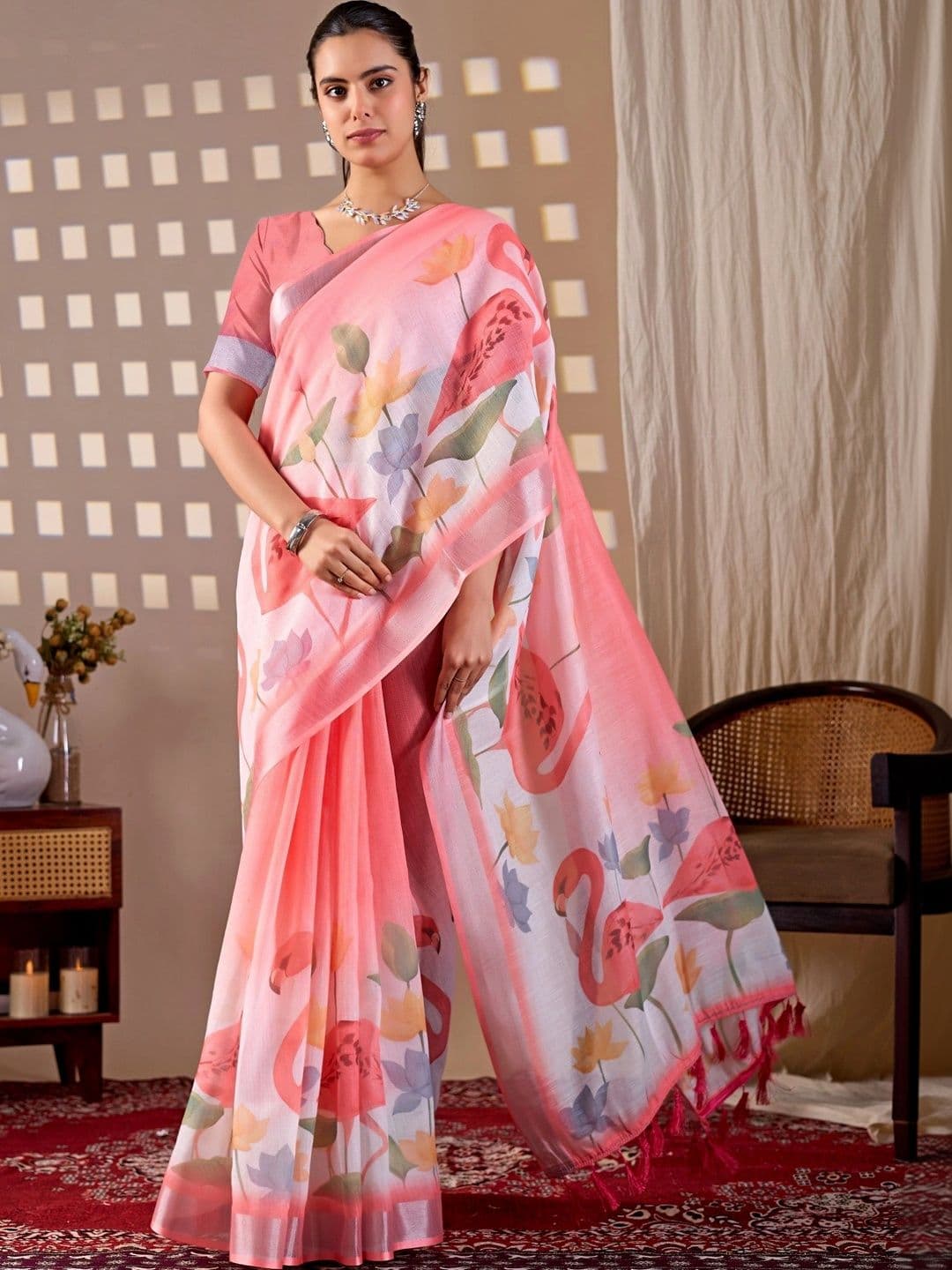 DIVASTRI Floral Zari Linen Blend Designer Saree - view 1