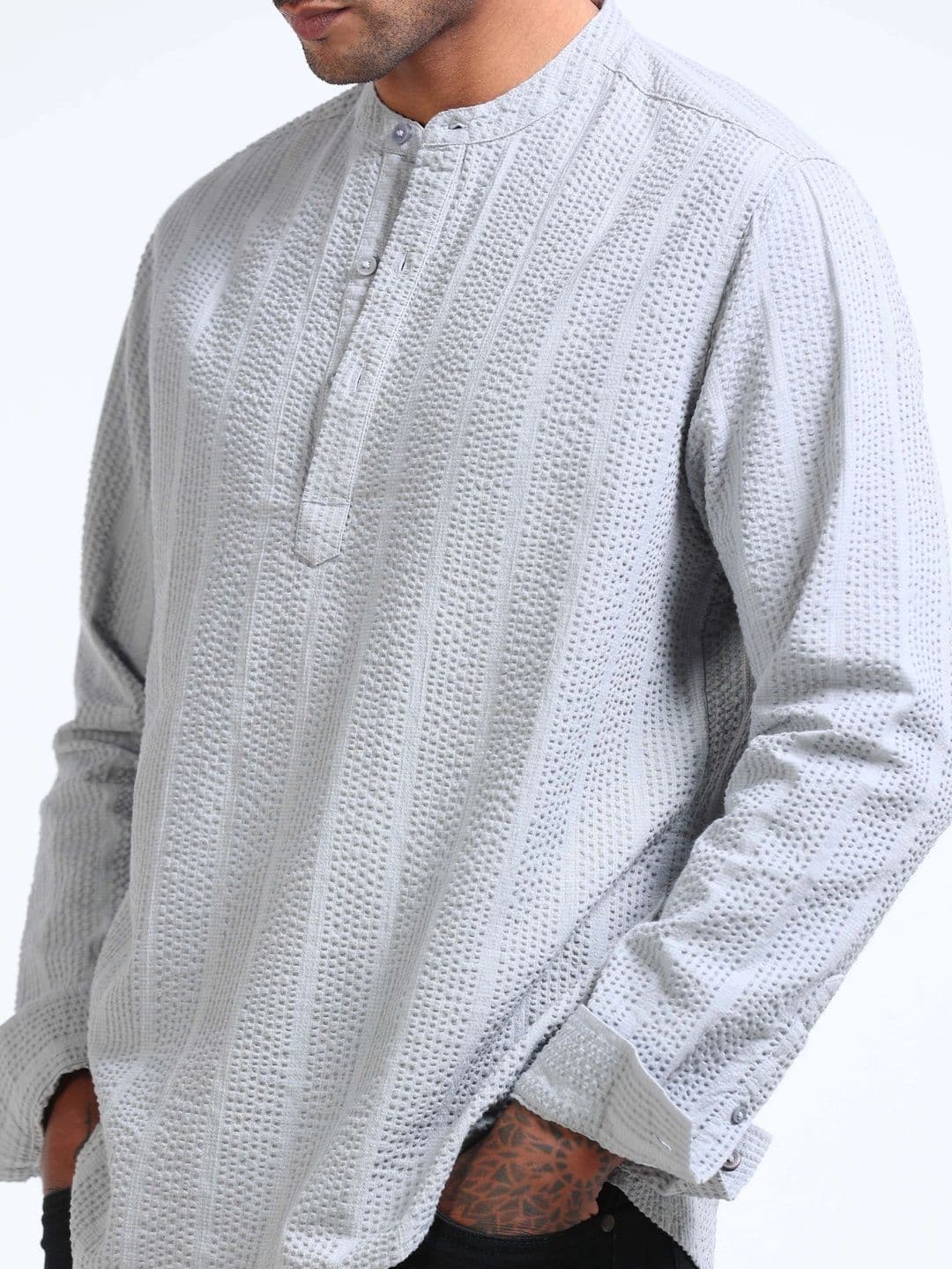StitchX Men Seersucker Band Collar Pure Cotton Striped Kurta Shirt thumbnail 2