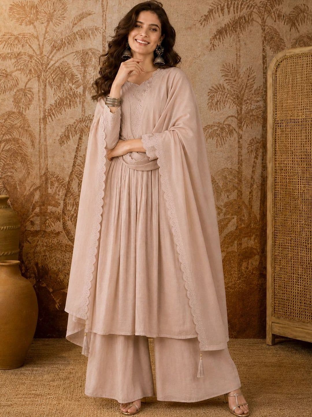 Sangria Women Ethnic Motifs Embroidered Regular Thread Work Kurta with Palazzos & With Dupatta - view 1