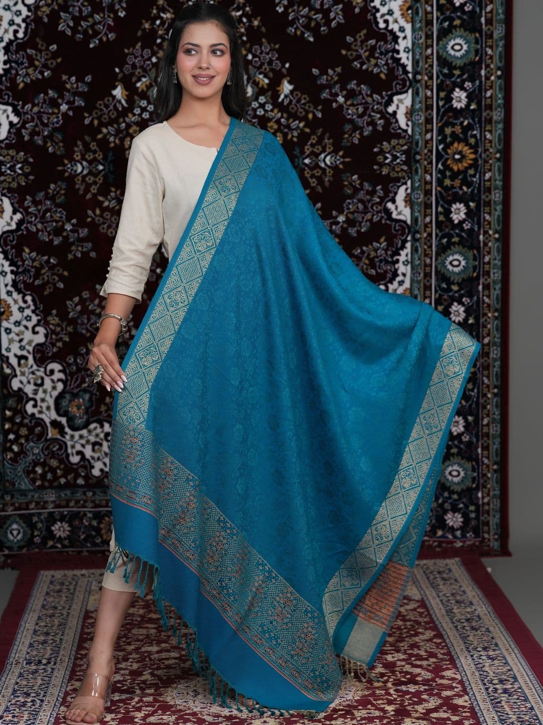 S.T. Women Ethnic Motifs Woven Design Acrylic Shawl thumbnail 3