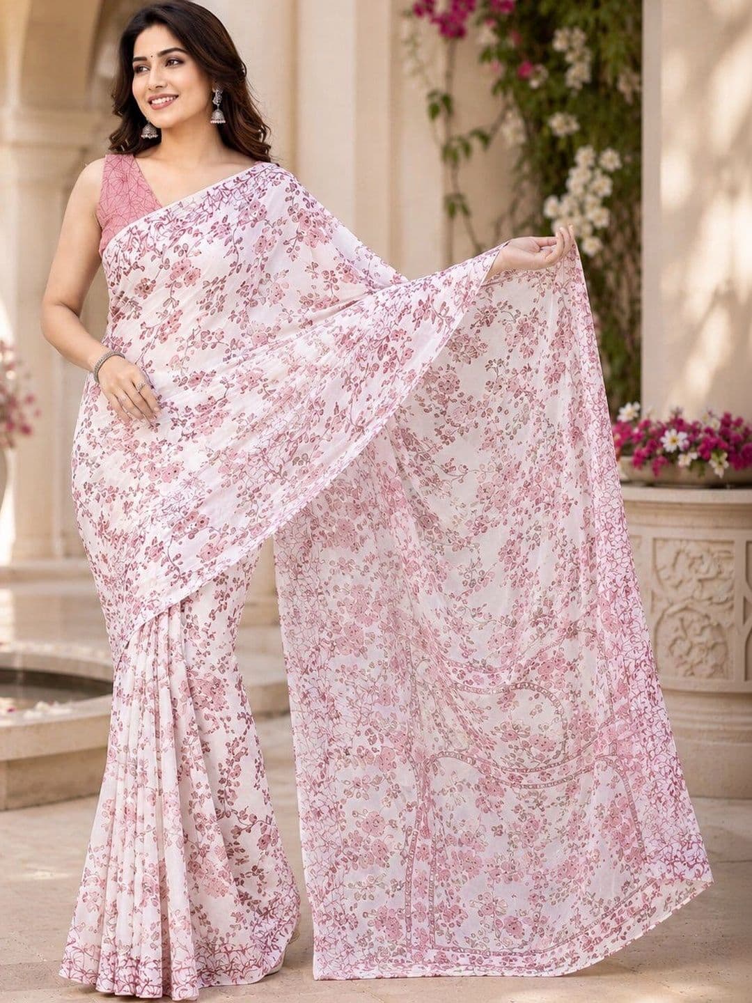 NARIVESH TRENDS Floral Poly Georgette Saree - view 1