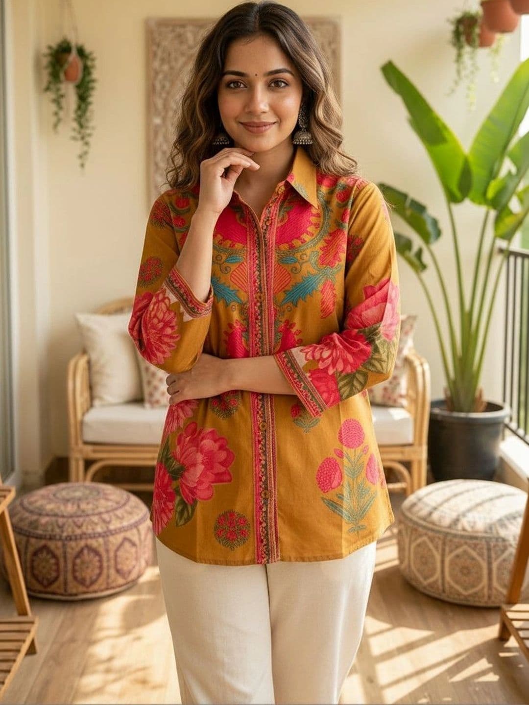 Anouk Floral Printed Shirt Collar Pure Cotton Blend Kurti - view 1