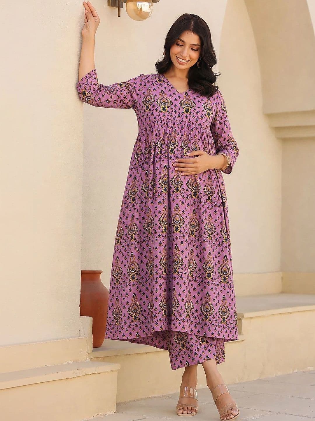 Janasya Women Ethnic Motifs Printed Tiered Pure Cotton Kurta with Trousers - view 1
