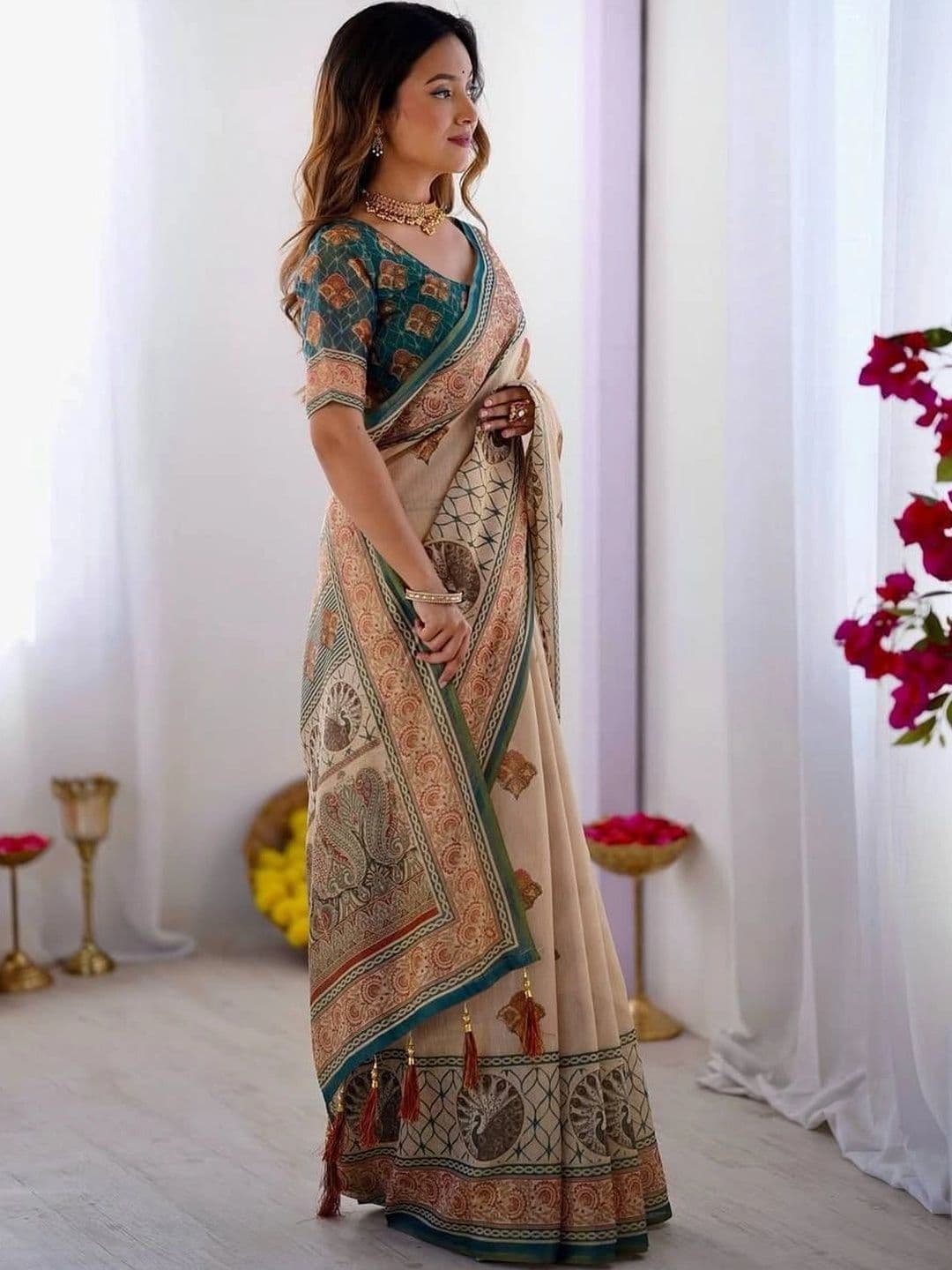 saneria silk Ethnic Motifs Linen Blend Bagru Saree thumbnail 5