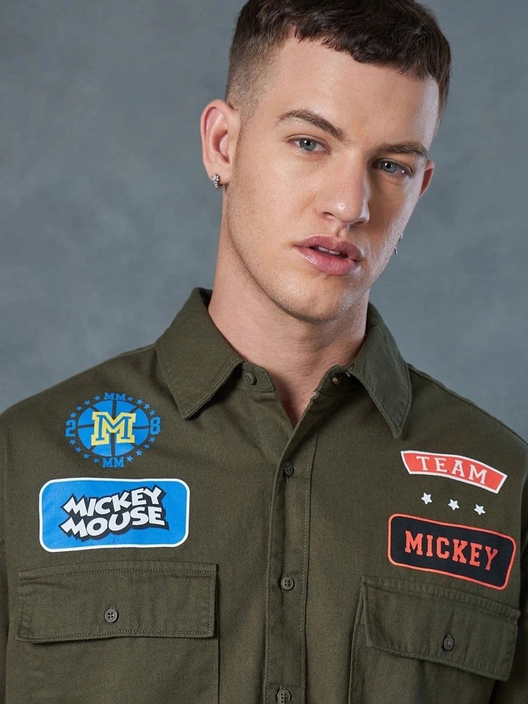 Bewakoof Disney Men's Green Mickey Badge Graphic Printed Oversized Shirt thumbnail 2