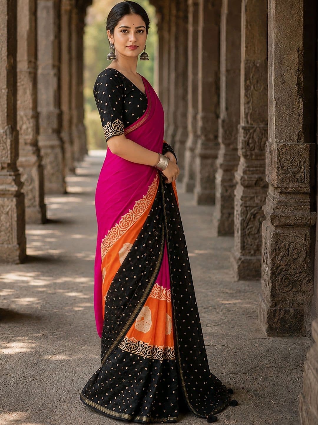 KALINI Linen Blend Designer Block Print Saree thumbnail 3