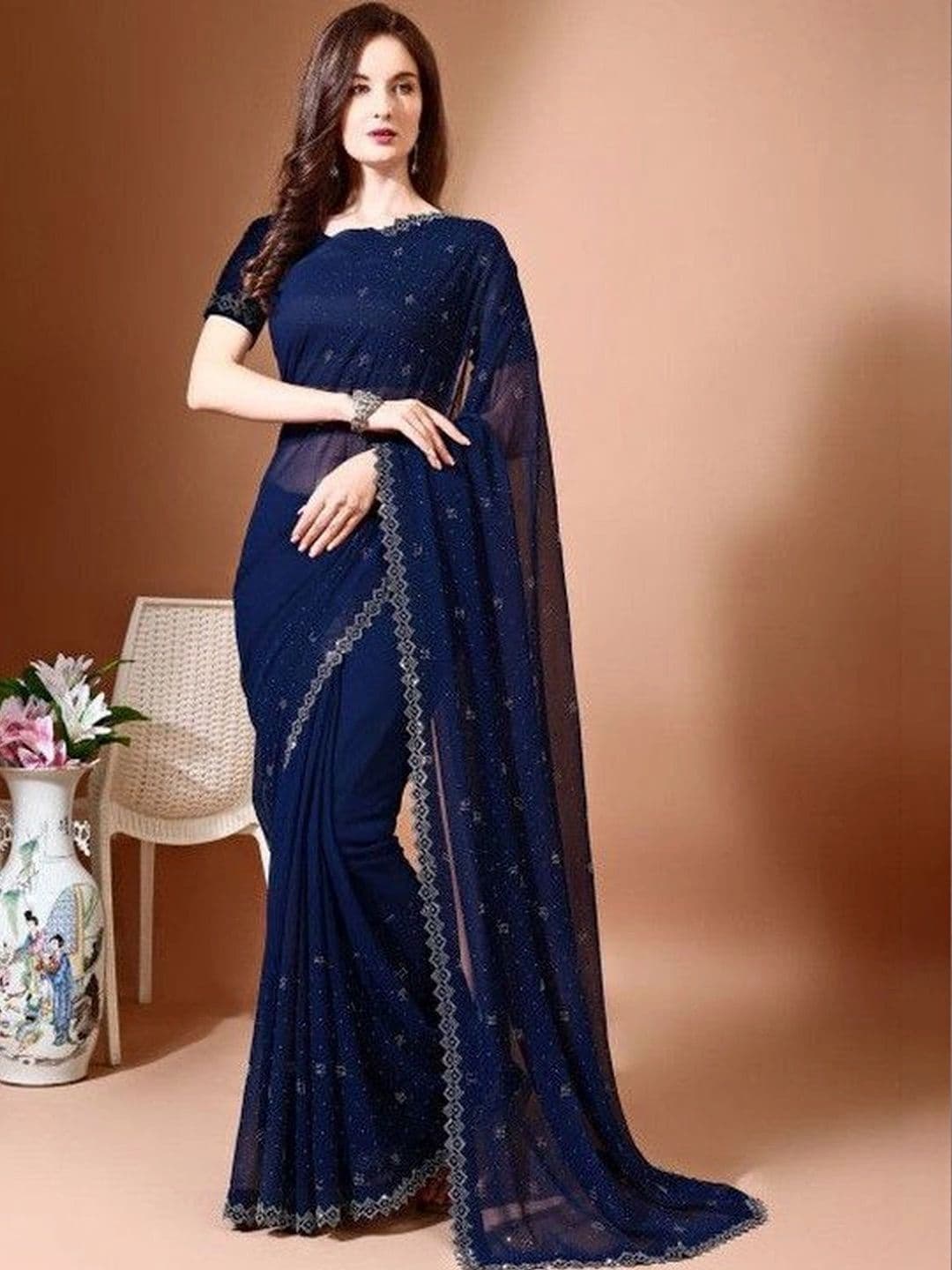 Leelavati Women Embellished Beads and Stones Pure Chiffon Saree - view 1