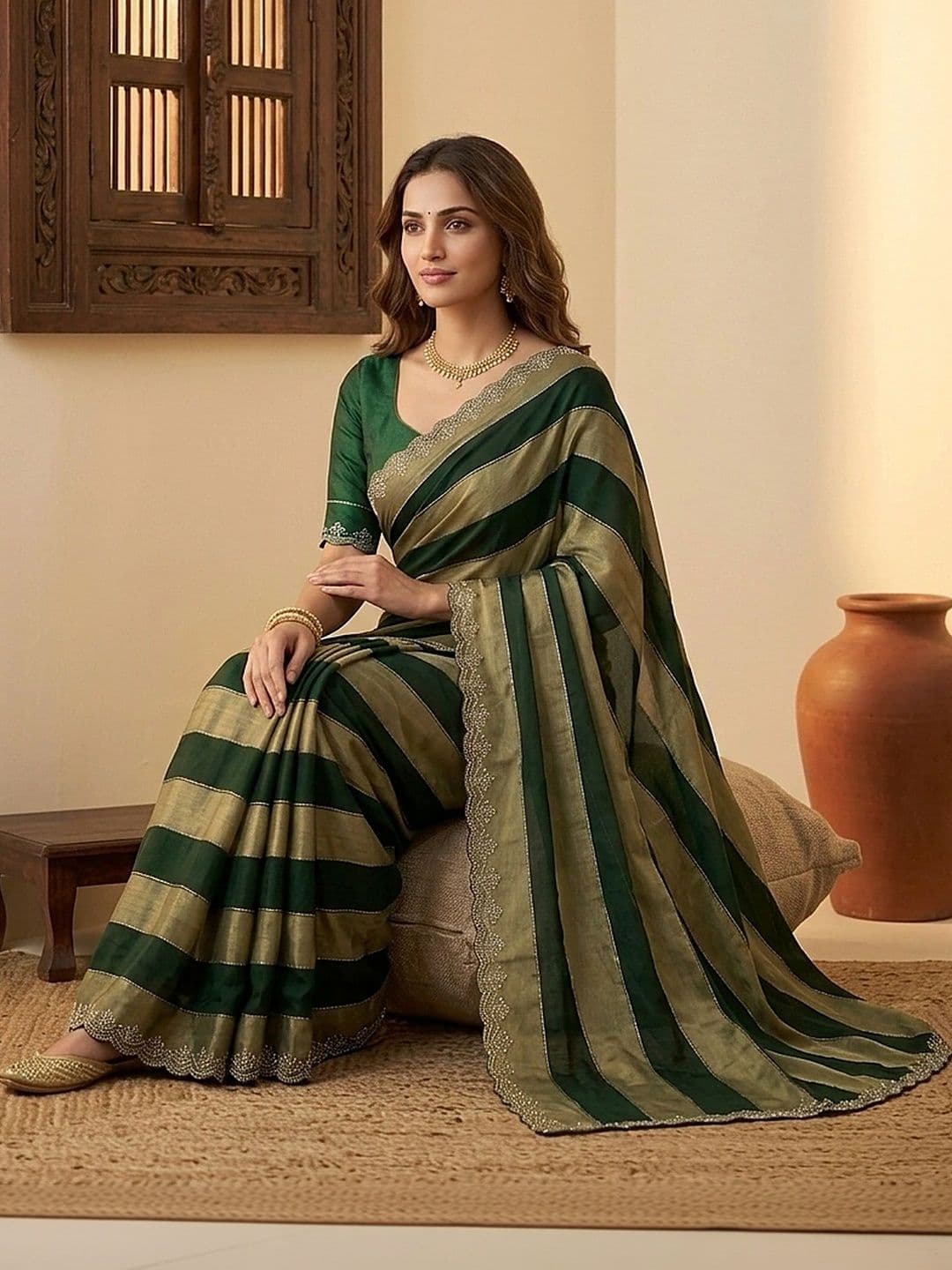 all about you Striped Embroidered Silk Blend Fusion Saree thumbnail 2
