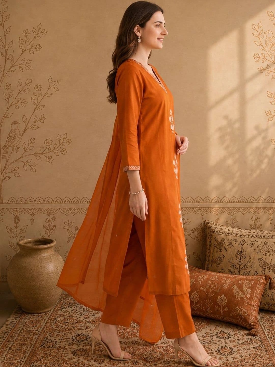 Anouk Women Ethnic Motifs Embroidered Regular Thread Work Pure Cotton Kurta with Palazzos & With Dupatta thumbnail 3