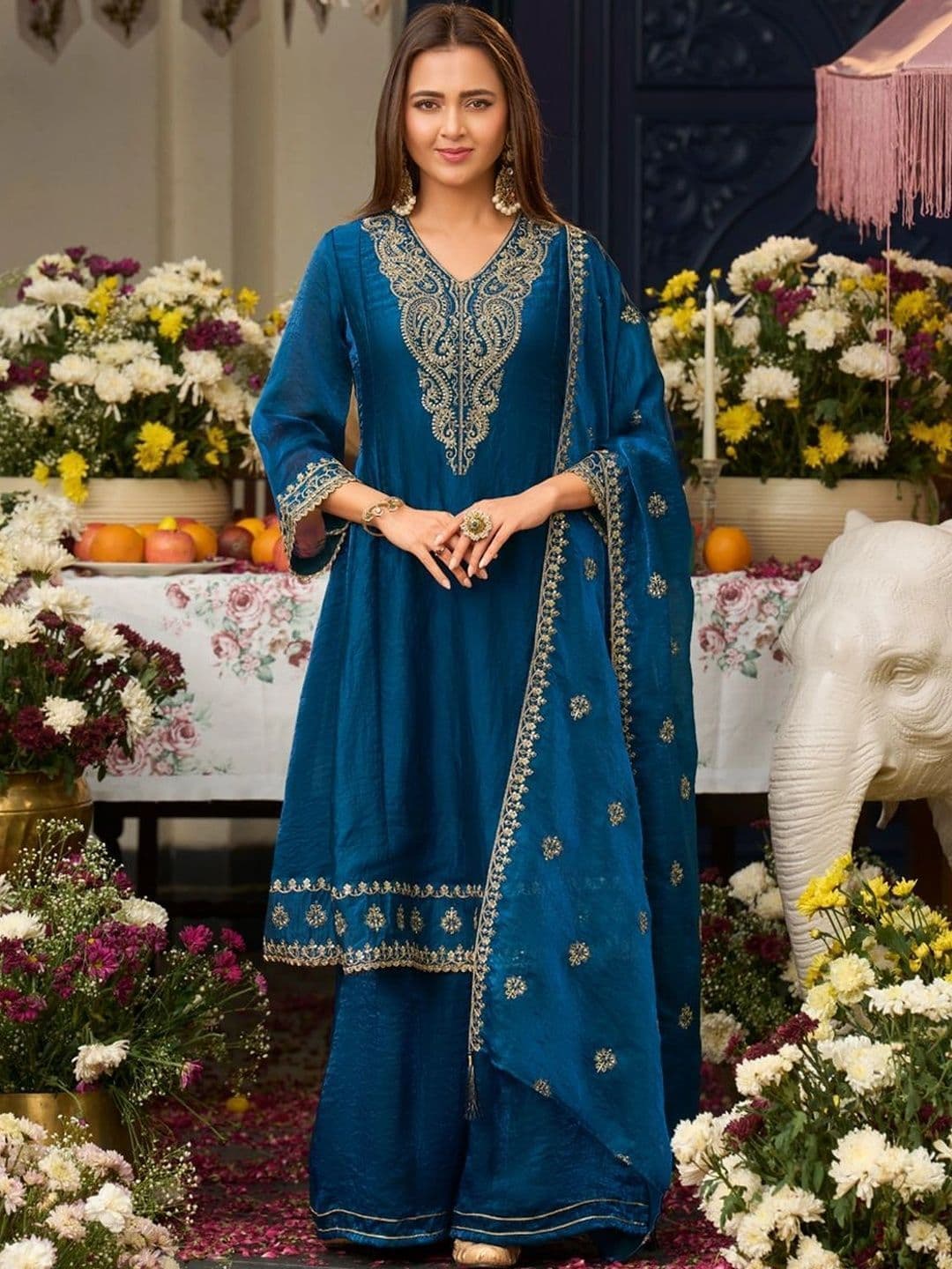 MOKOSH Women Embroidered Anarkali Kurta and Palazzo Set with Dupatta thumbnail 2