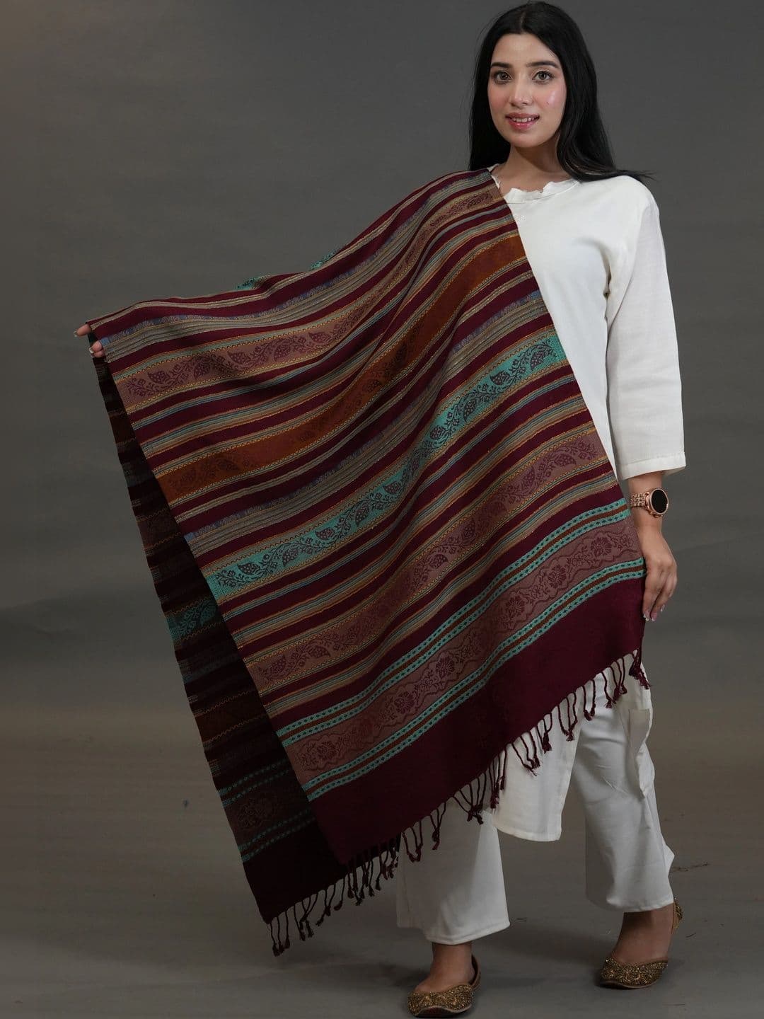 S.T. Women Striped Woven Design Acrylic Shawl - view 1