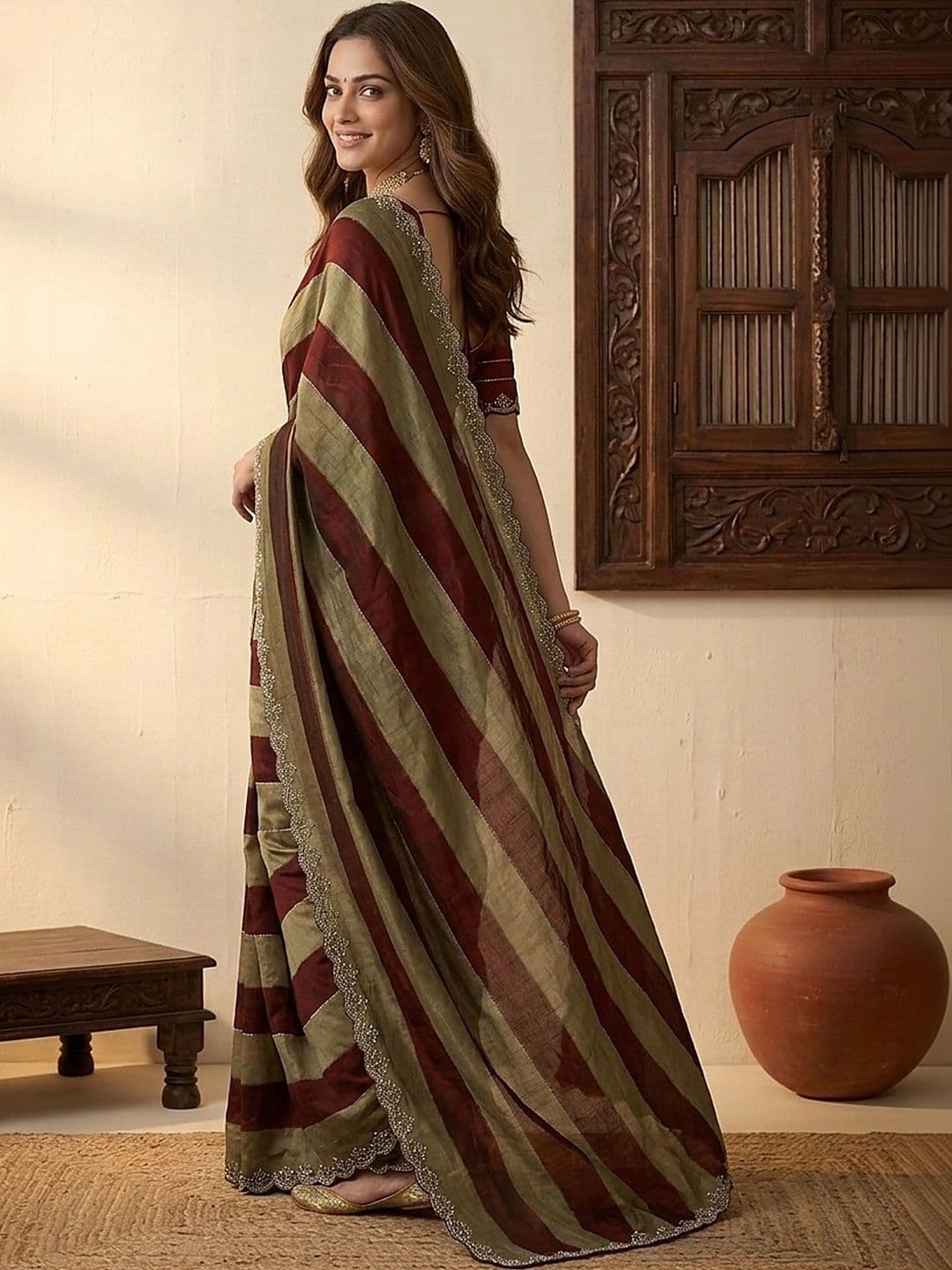 all about you Striped Embroidered Silk Blend Fusion Saree thumbnail 3