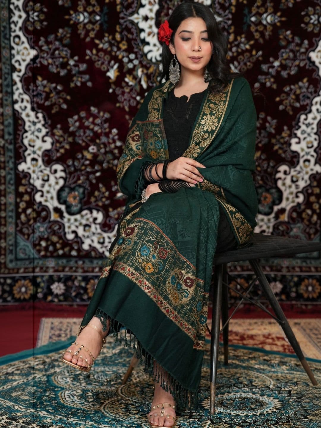 S.T. Women Ethnic Motifs Woven Design Acrylic Shawl thumbnail 3