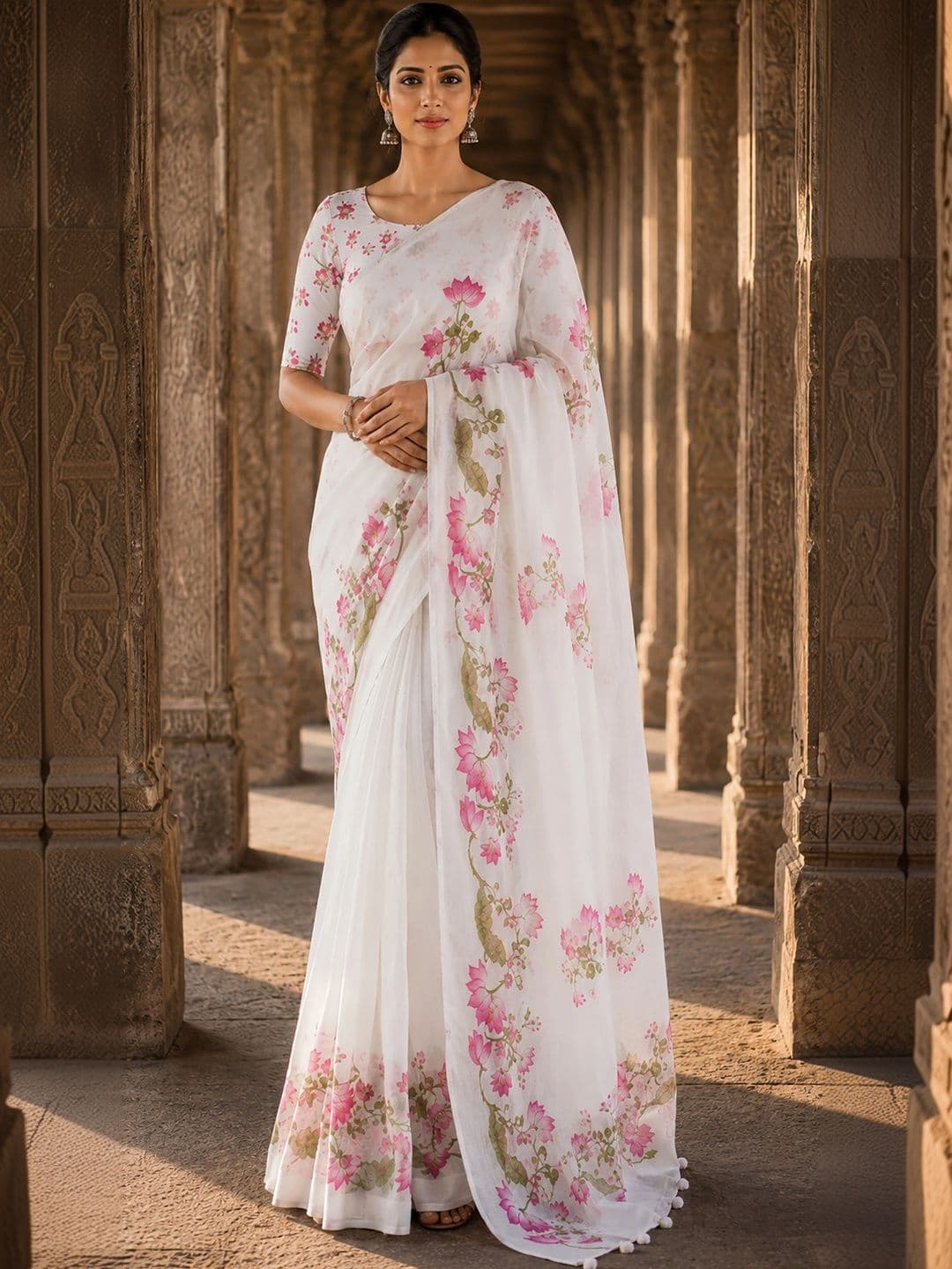 KALINI Floral Linen Blend Designer Block Print Saree - view 1