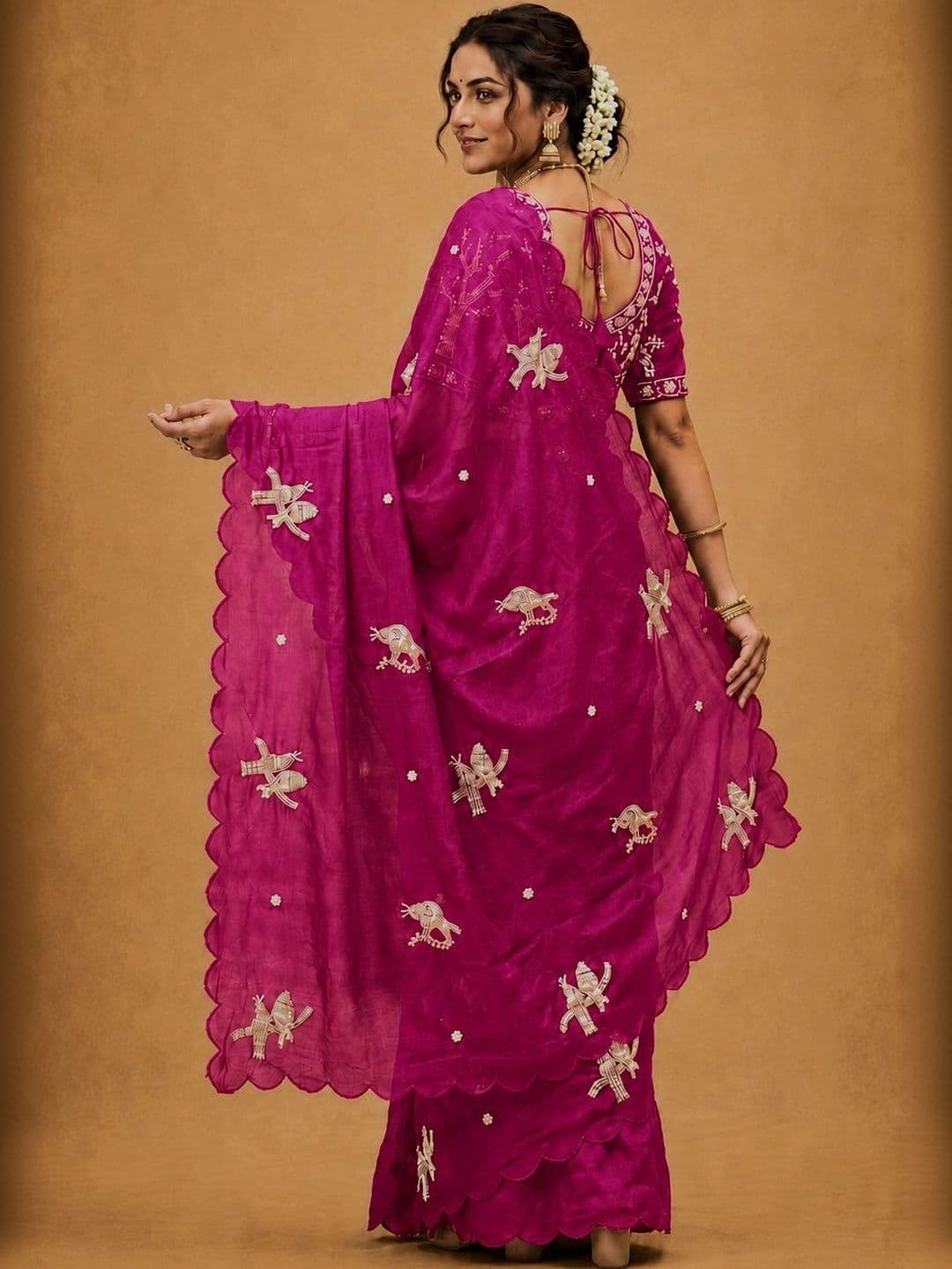 HK TEX Floral Embroidered Satin Saree thumbnail 3