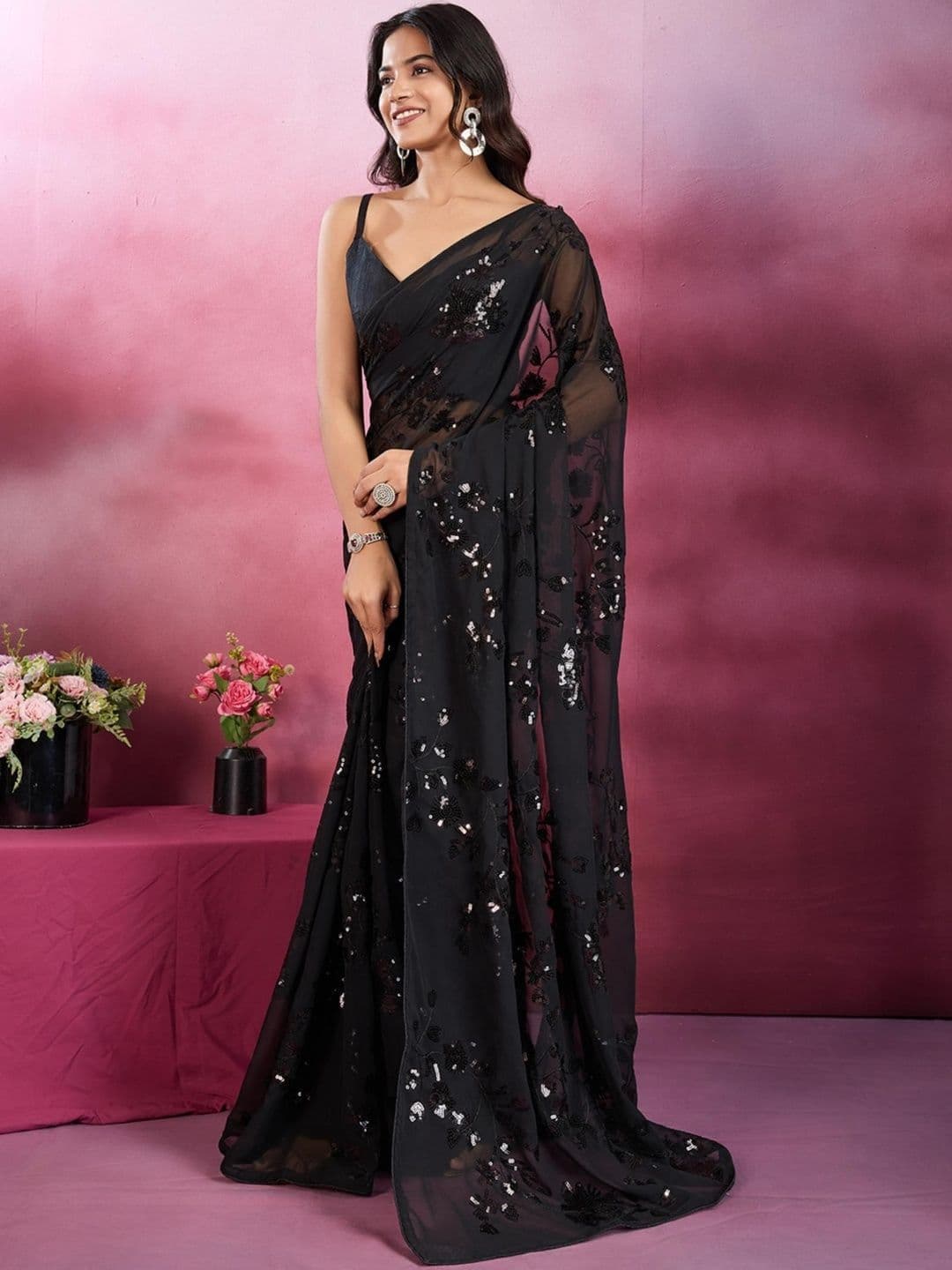 SZN Embellished Sequinned Pure Georgette Heavy Work Saree thumbnail 2