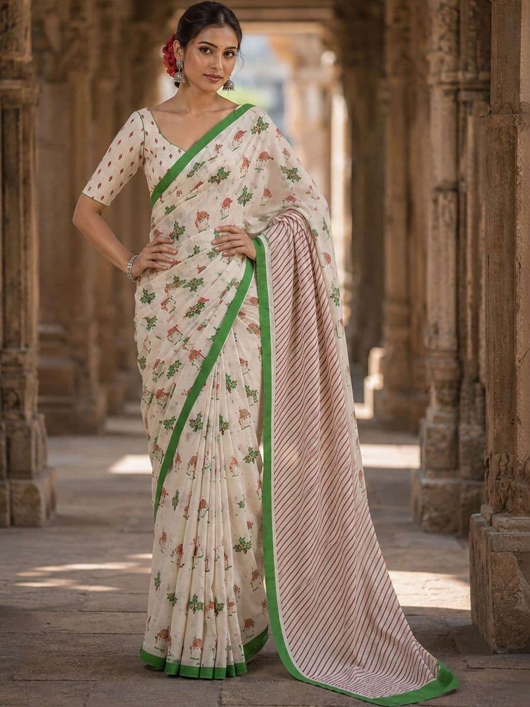 KALINI Floral Linen Blend Designer Block Print Saree thumbnail 3