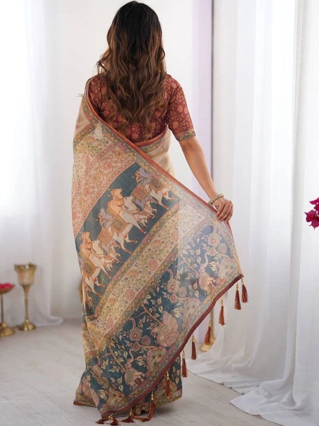 saneria silk Kalamkari Linen Blend Chanderi Saree thumbnail 3