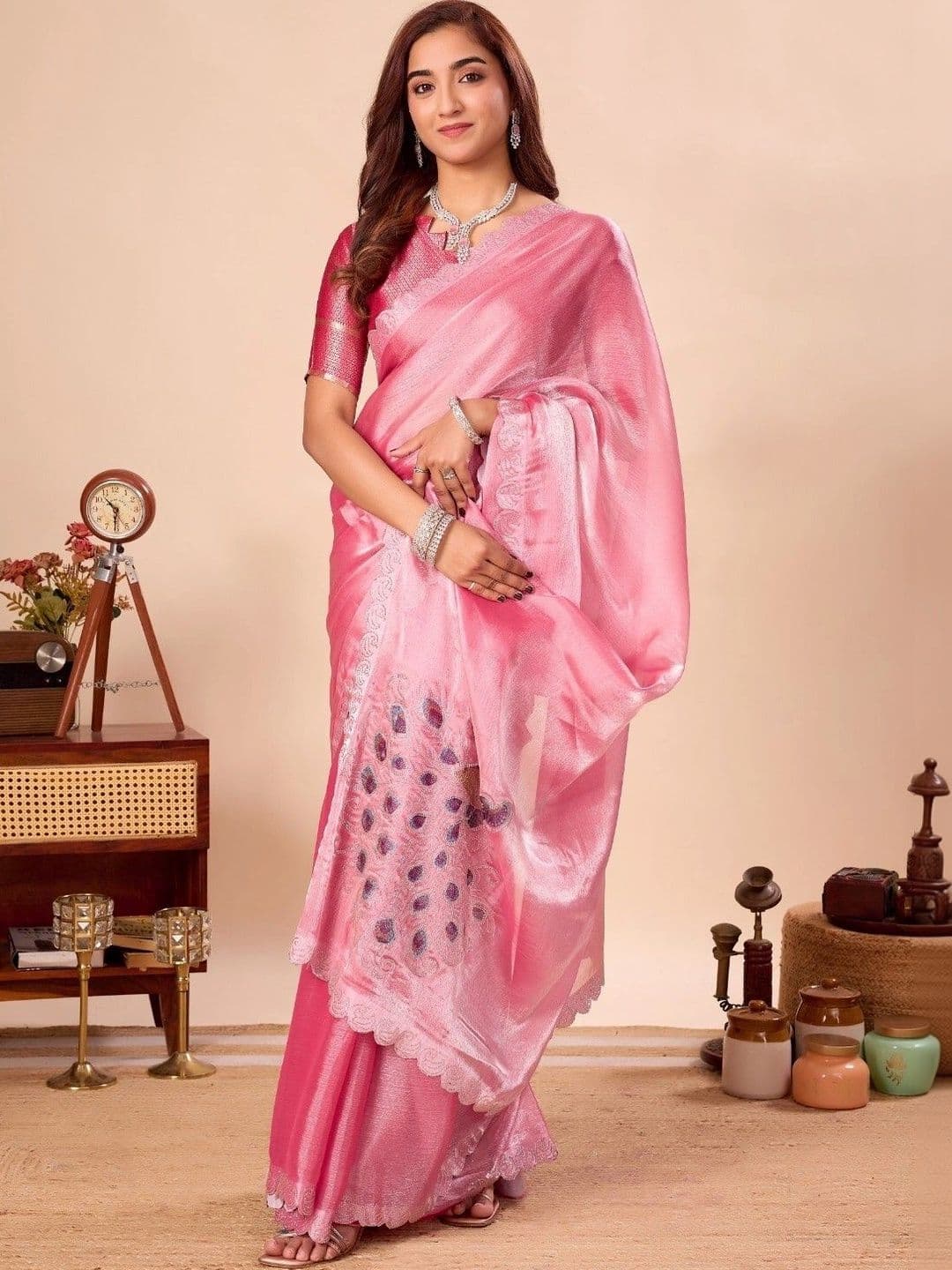 shreevali creation Embellished Embroidered Satin Saree thumbnail 5