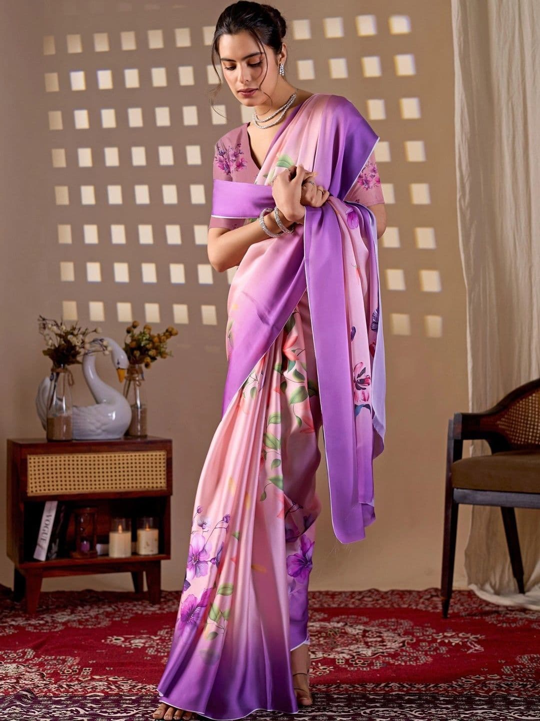 DIVASTRI Floral Satin Designer Saree thumbnail 3