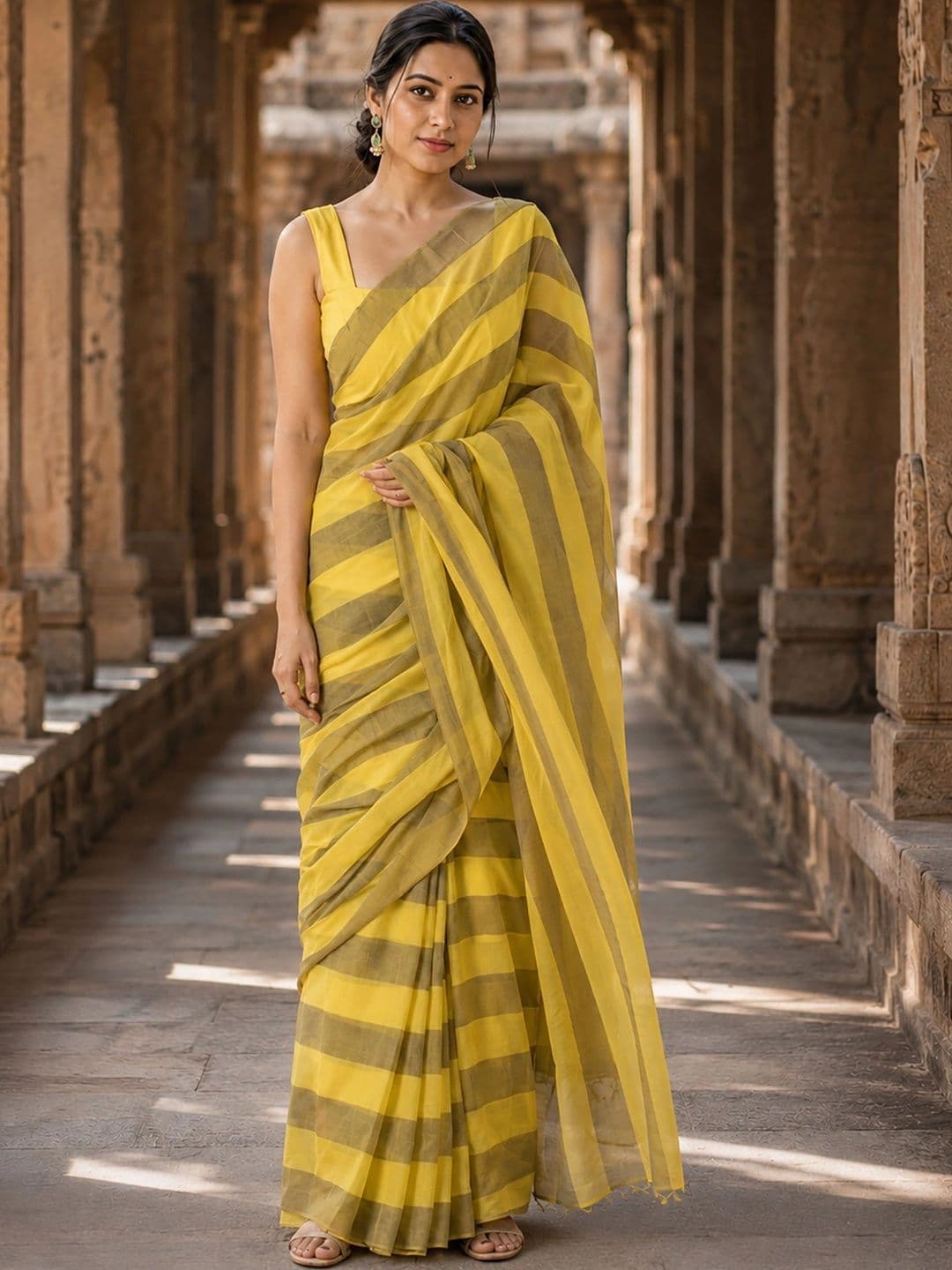 KALINI Striped Linen Blend Designer Block Print Saree - view 1