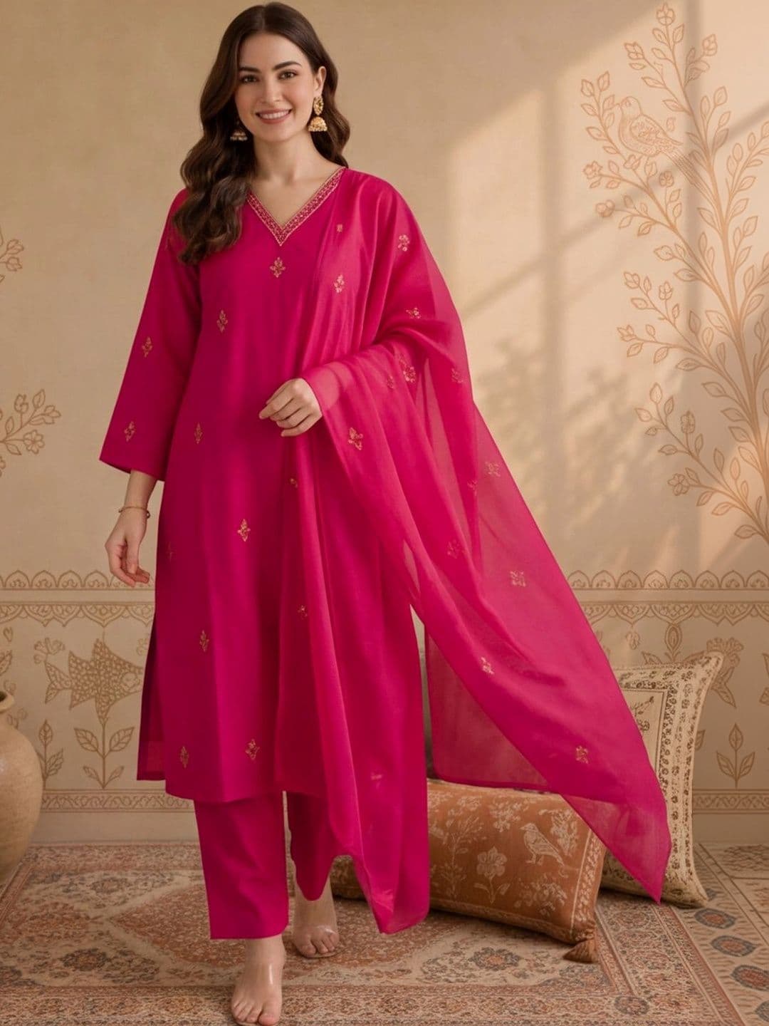 Anouk Women Ethnic Motifs Embroidered Regular Thread Work Pure Cotton Kurta with Trousers & With Dupatta - view 1