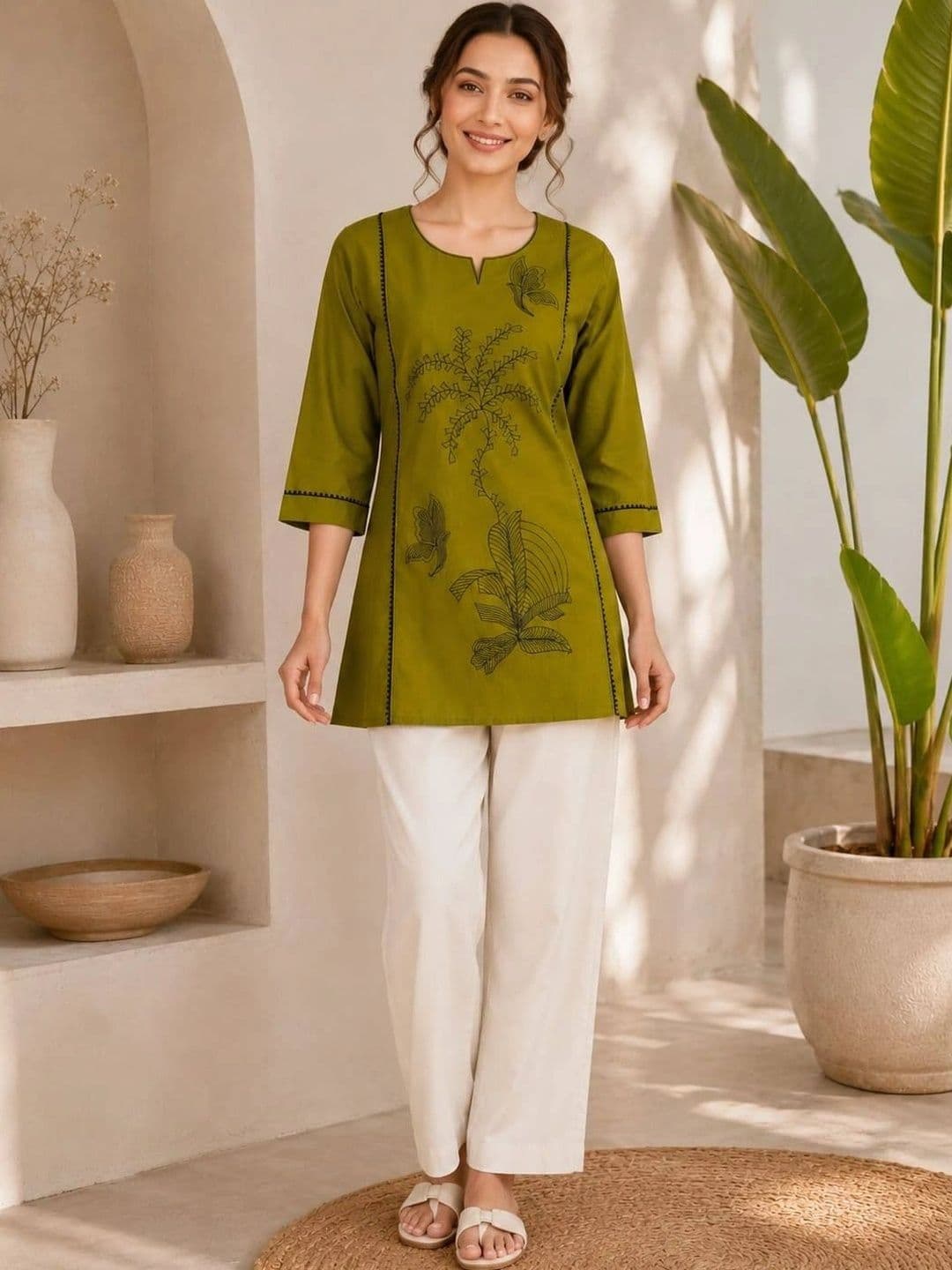 VASTRAHOUSE Women Ethnic Motifs Embroidered Regular Thread Work Kurti with Trousers - view 1