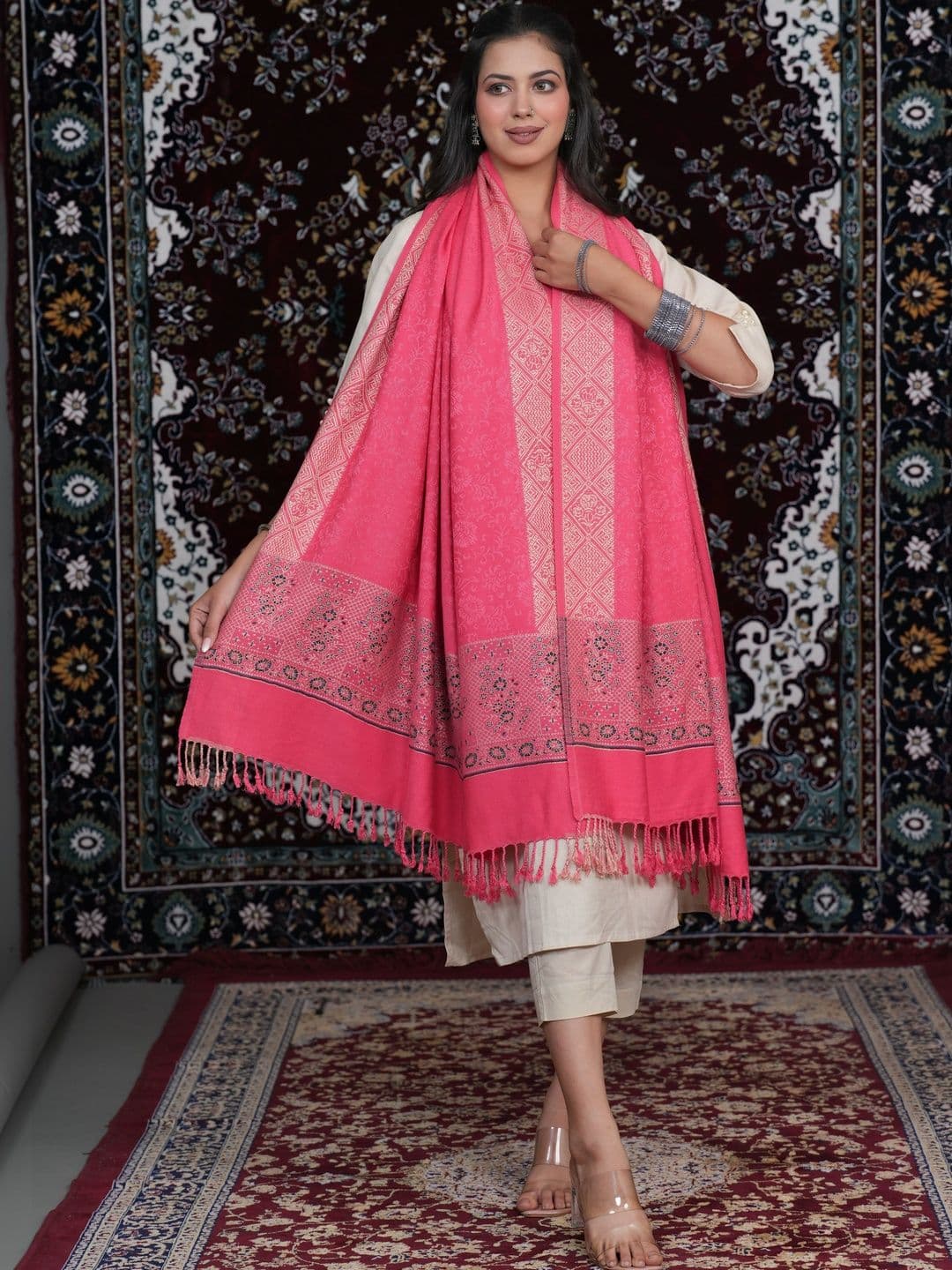 S.T. Women Ethnic Motifs Woven Design Acrylic Shawl thumbnail 2