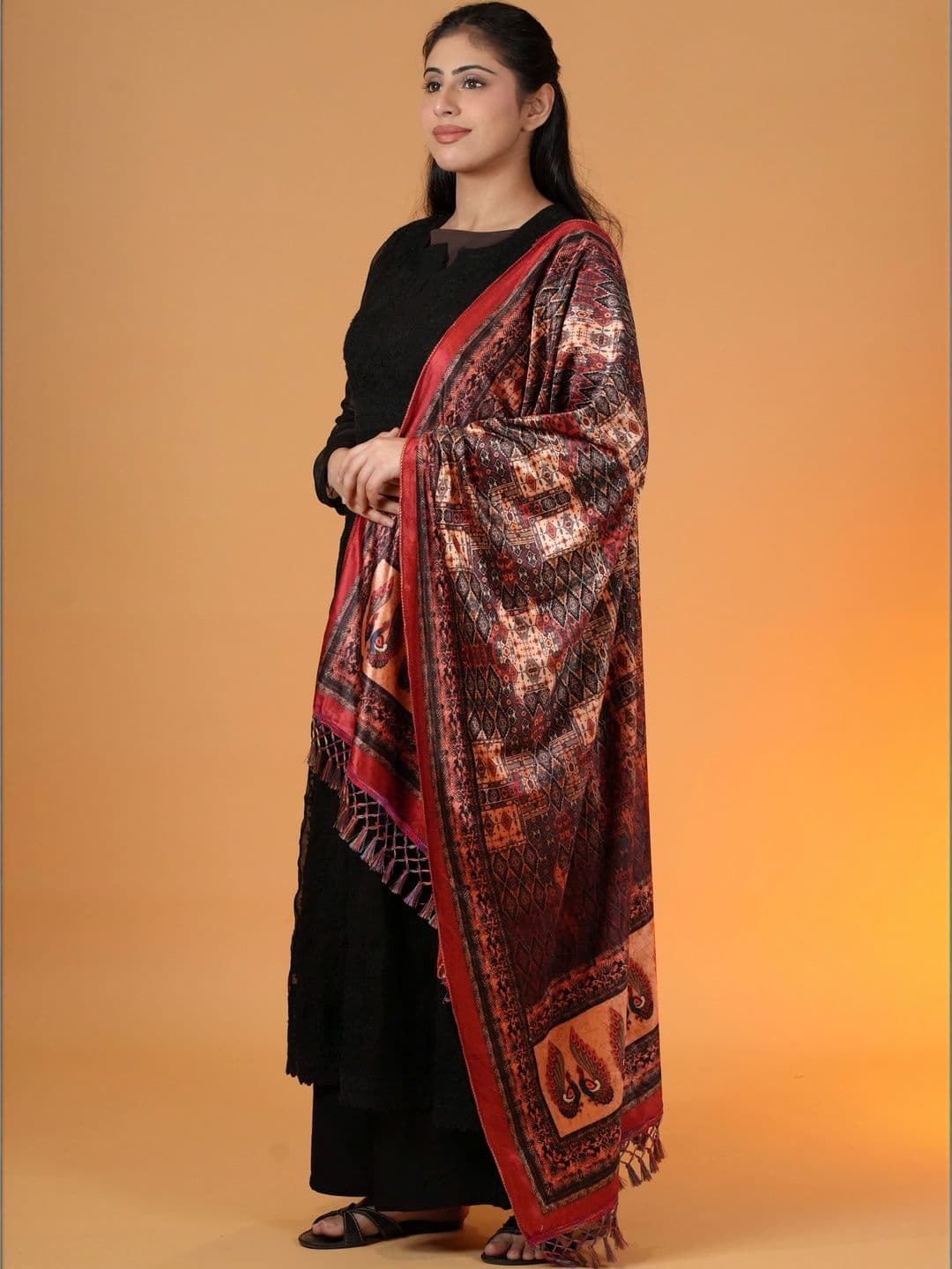 S.T. Women Ethnic Motifs Printed Velvet Shawl thumbnail 2
