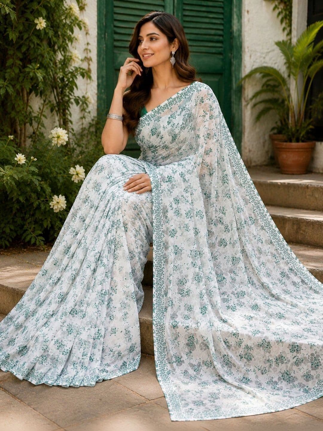 NARIVESH TRENDS Floral Poly Georgette Saree thumbnail 2