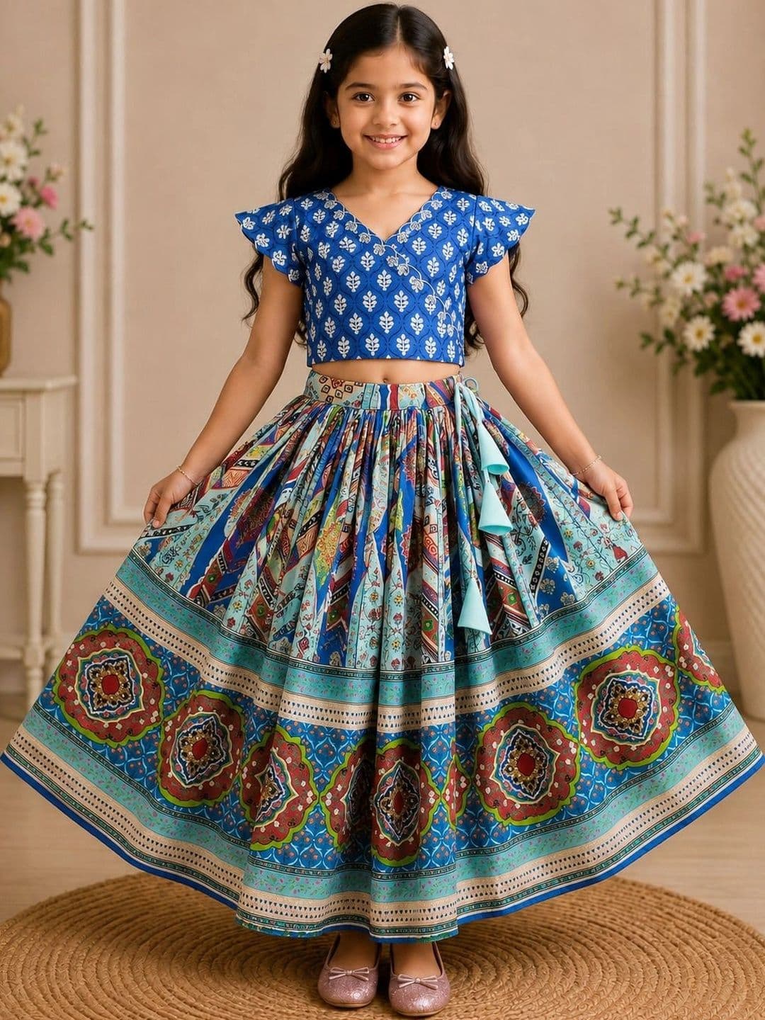 KALINI Girls Printed Block Print Ready to Wear Lehenga & - view 1