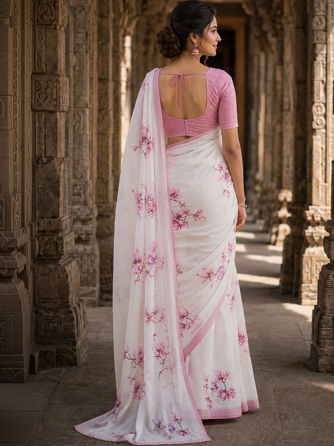 KALINI Floral Linen Blend Designer Block Print Saree thumbnail 3