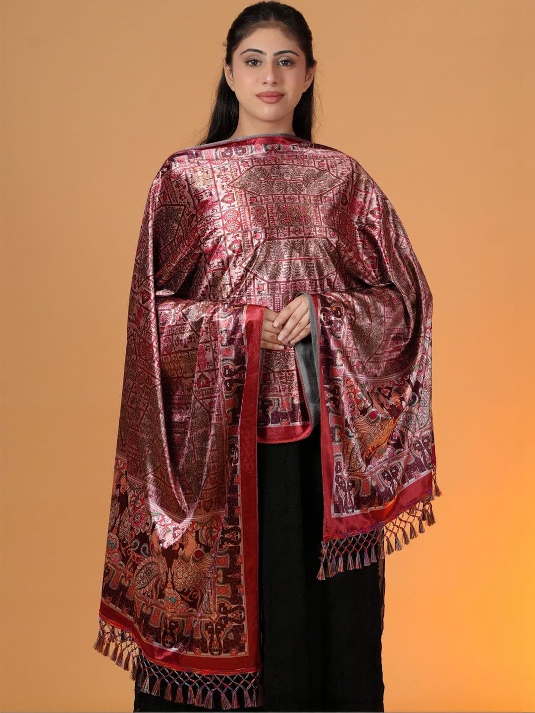 S.T. Women Ethnic Motifs Woven Design Velvet Shawl thumbnail 3