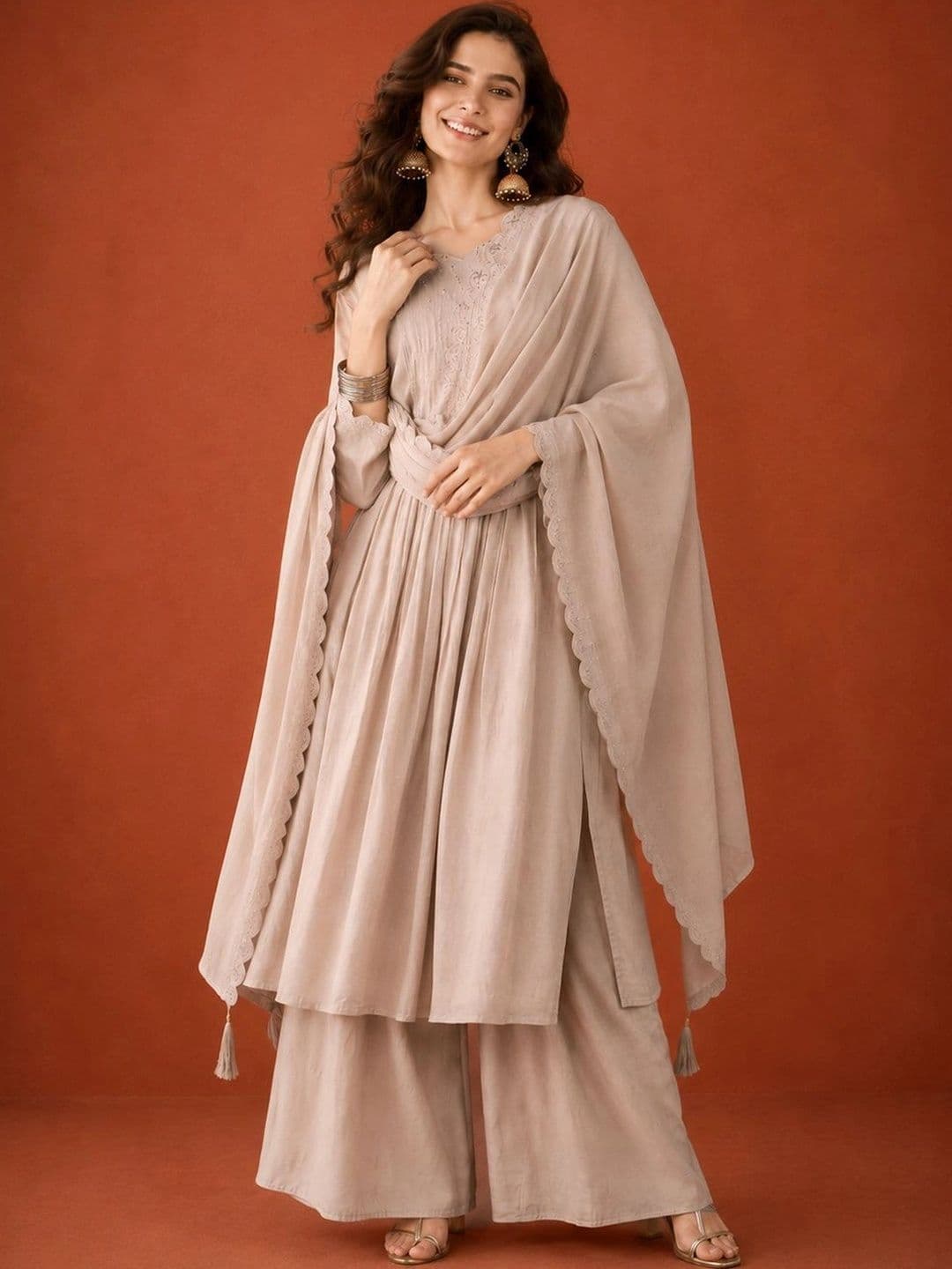 Sangria Women Ethnic Motifs Embroidered Regular Thread Work Kurta with Palazzos & With Dupatta thumbnail 7