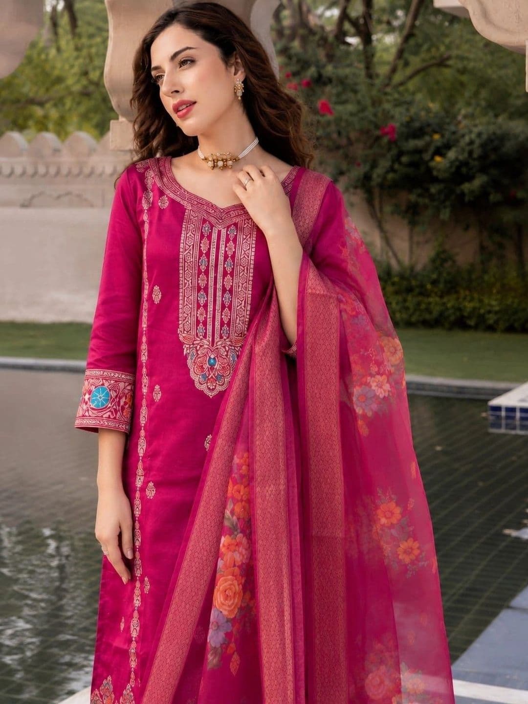 KALINI Women Ethnic Motifs Embroidered Regular Thread Work Kurta with Trousers & With Dupatta - view 1