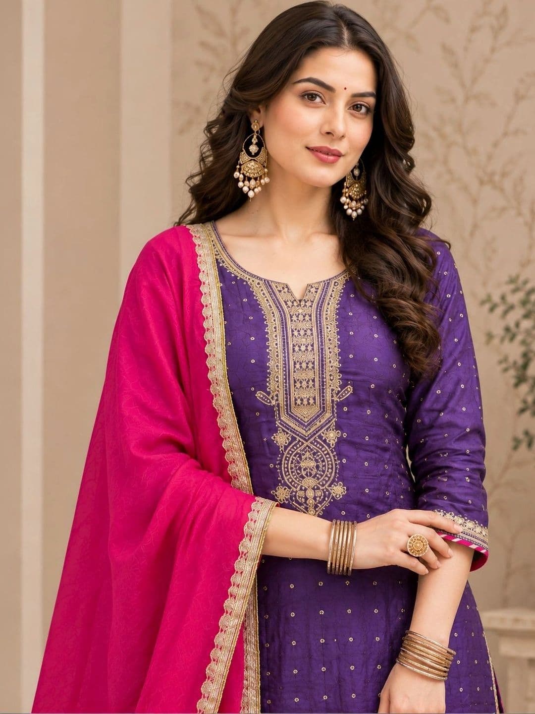 Sangria Women Ethnic Motifs Embroidered Regular Dupion Silk Kurta with Sharara & With Dupatta thumbnail 2