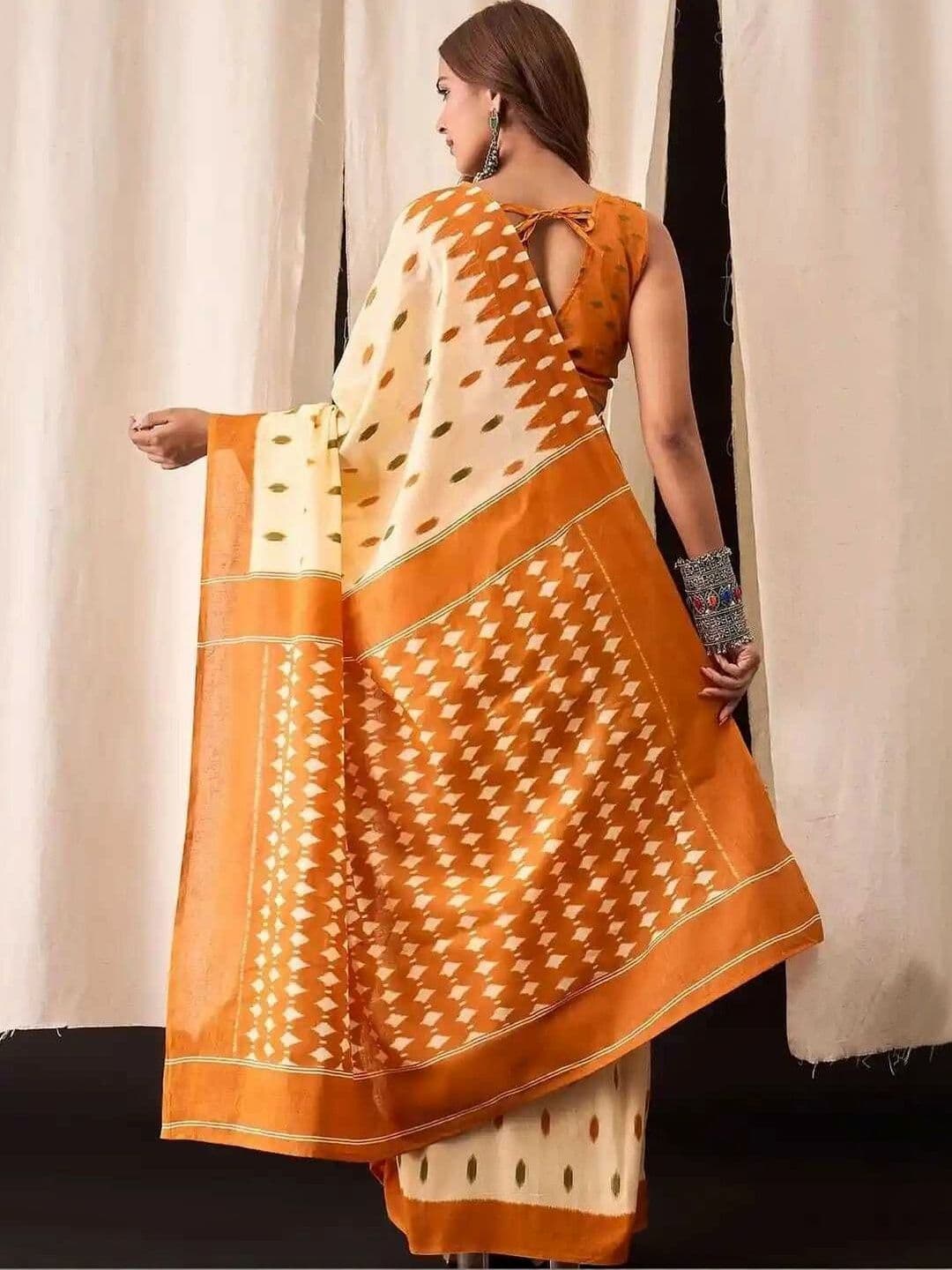 Mitita Fashion Women Cream & Orange Ikat Geometric Printed Cotton Saree thumbnail 2