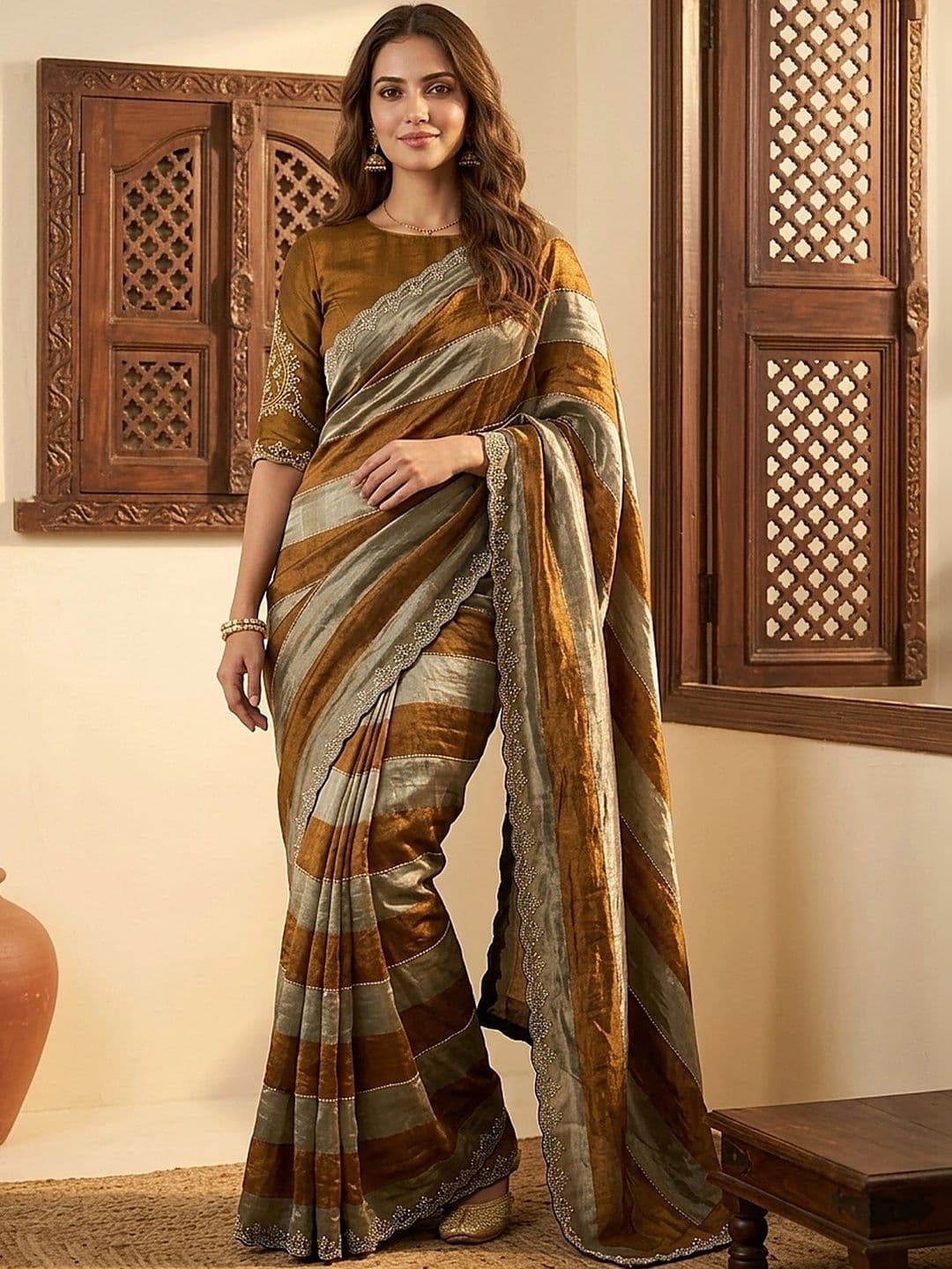 all about you Striped Beads and Stones Silk Blend Fusion Saree thumbnail 3