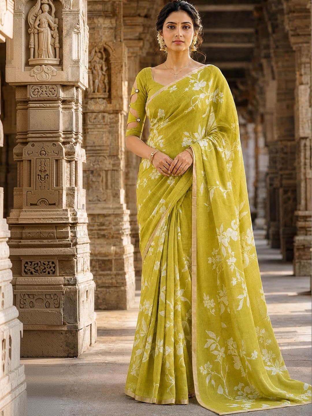 KALINI Floral Linen Blend Designer Block Print Saree - view 1
