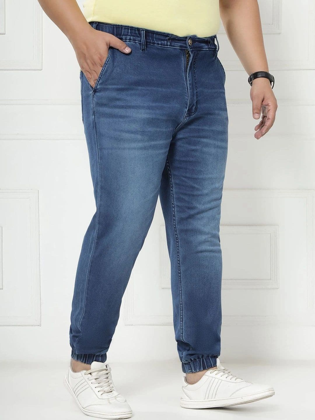 John Pride Plus Size Men Mid-Rise Stretchable Elasticated Waist Light Blue Jogger Jeans thumbnail 6