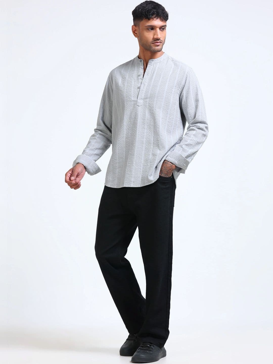 StitchX Men Seersucker Band Collar Pure Cotton Striped Kurta Shirt thumbnail 7