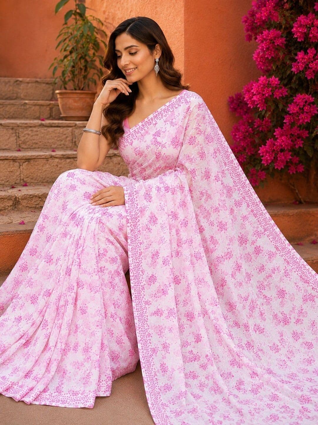 NARIVESH TRENDS Floral Poly Georgette Saree thumbnail 3