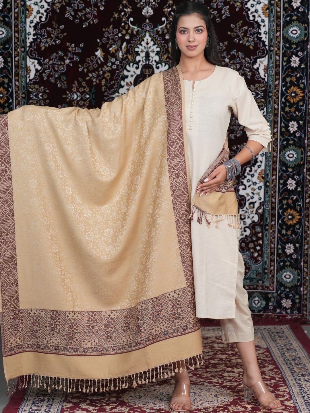 SHIFNEEN Women Floral Woven Design Acrylic Shawl - view 1