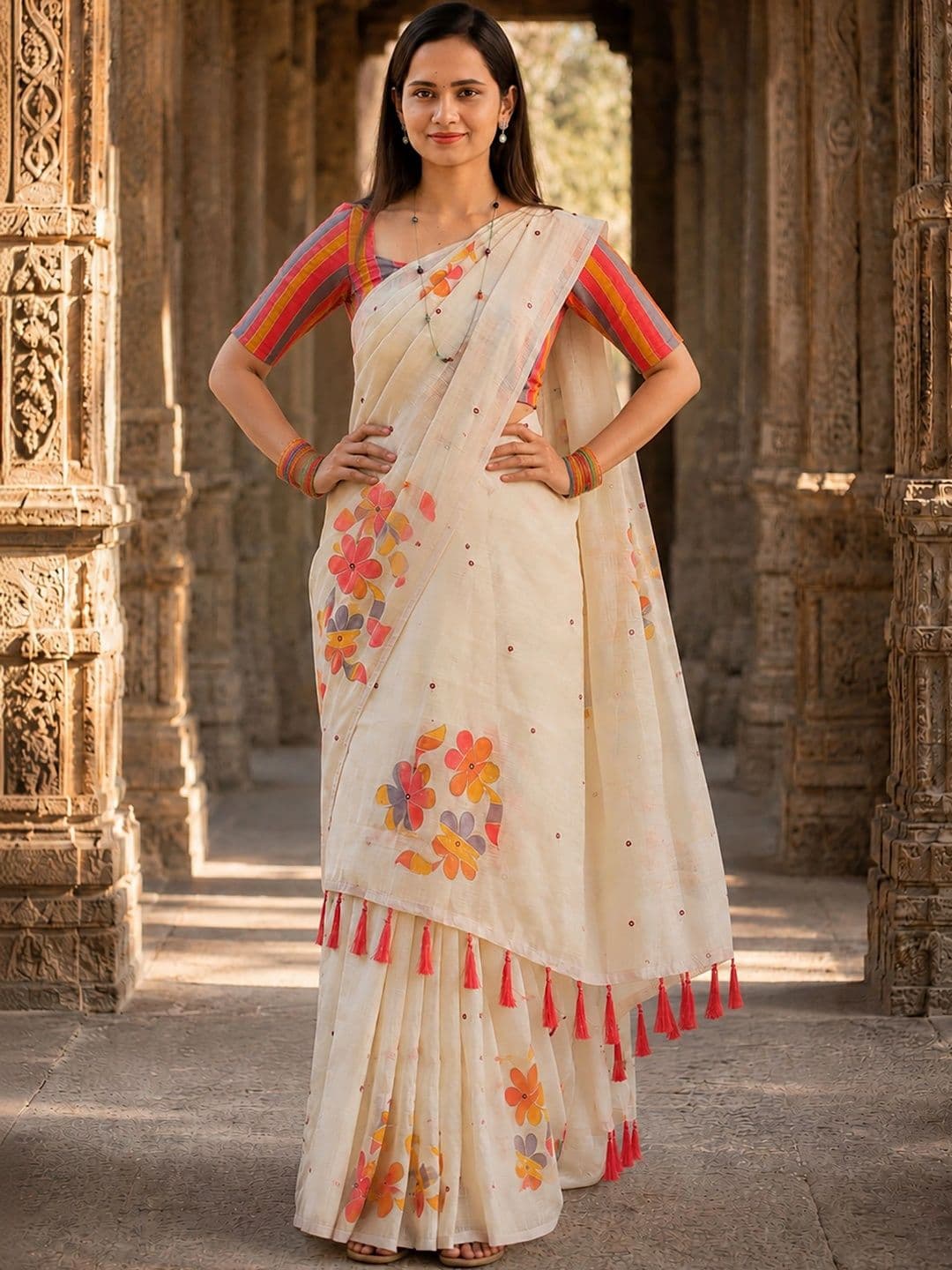 KALINI Linen Blend Designer Block Print Saree thumbnail 2