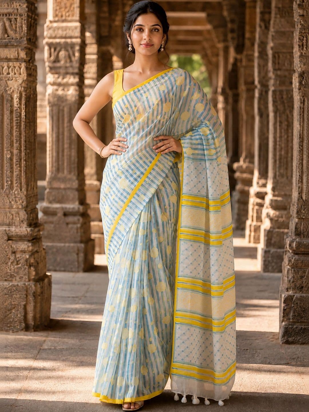 KALINI Striped Linen Blend Designer Block Print Saree thumbnail 5