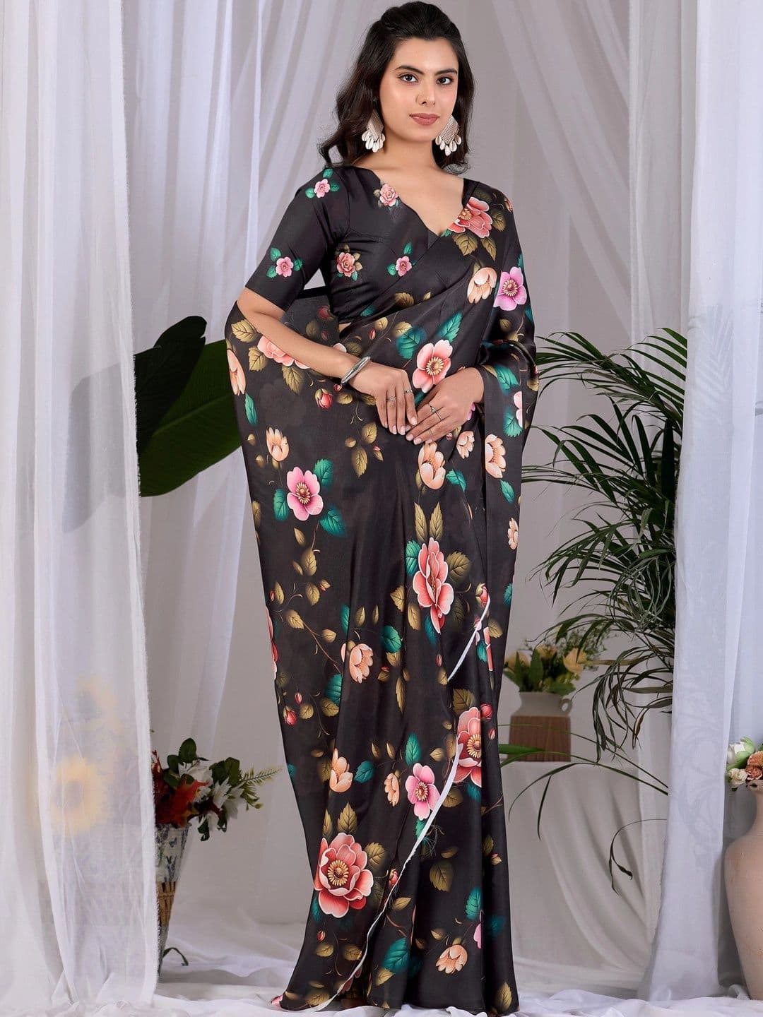 Mitera Floral Satin Designer Saree thumbnail 2